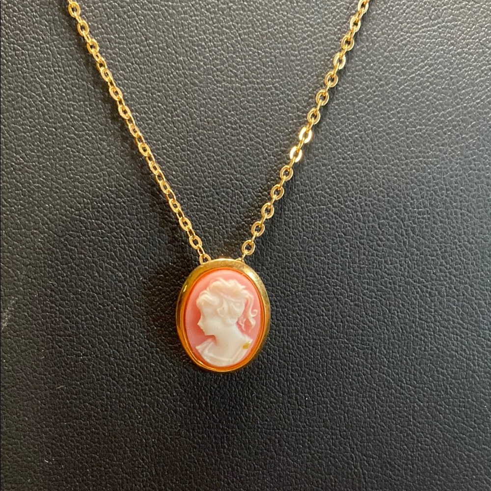 Gold and Orange Cameo Pendant Necklace